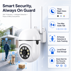 1Wireless PTZ Security Camera 2.4G WiFi FHD Outdoor Indoor Monitor Auto Human Tracking IR Night Vision Two-Way Audio Motion