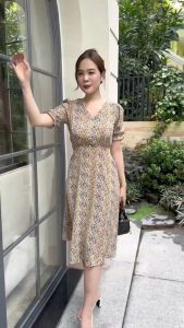 Đầm xòe hoa đính nút cổ V tay phồng bo chun CÓ TÚI - MS0286