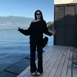 VKSOD | Korean Fashion Black Asymmetrical Shoulder Round Neck T-shirt Womens Slimming Straight Leg Pants Two-Piece Set Autumn 2025