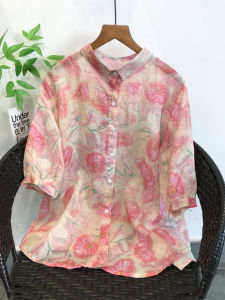 Digital Print Tops Loose High Quality Pure Ramie Breathable Shirt for Women Loose plus Size Lapels Shirt for Women