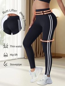 Side stripe two-bar printed slim-fit womens yoga fitness pants for outdoor running high-waisted tummy control shaping leggings