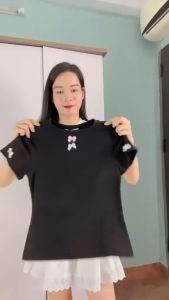 Áo Thun Cổ Tròn Tay Ngắn Dáng Babytee Đính 2 Nơ Cổ Và Tay Áo Form Ôm Body Siêu Xinh