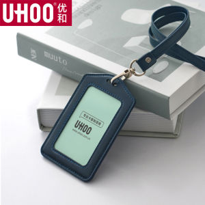 UHOO Genuine Leather ID Card Holder Lanyard Work Badge Chest Card Protective Cover First Layer Cowhide Business Card Case