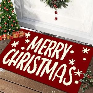 VIKAMA Bold Merry Christmas Red Doormat Thảm Chào Mừng Mùa Đông Có Hình Bông Tuyết Cho Lối Vào Cửa Trước Phong Cách Hiện Đại Xmas Holiday Home Decor Chống Trơn Trượt & Chống Phai Màu