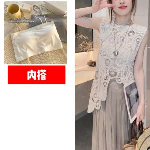 เสื้อกั๊กถักแบบไม่สมมาตรสำหรับผู้หญิงในช่วงฤดูร้อน ชุดว่ายน้ำสไตล์โบฮีเมียน แขนกุด ปกเสื้อ ผ้าฝ้ายผสมโพลีเอสเตอร์