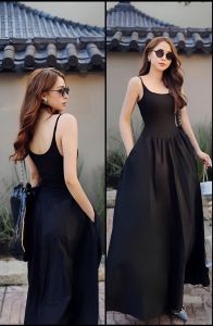 Đầm thiết kế dáng dài maxi hai dây dáng dài maxi có túi 2 bên và khóa kéo mang phong cách thời thượng sang trọng dự tiệc lễ hội