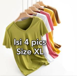 Isi 4 pics size XL Kaos polos V Neck Lengan Pendek Wanita Terbaru Atasan cewek Santai