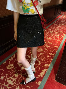 Black High Waist A-Line Sequin Skirt Womens Spring Autumn Short Flash Diamond Skirts Fashionable Commute Korean Style