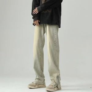 American Retro Yellow Mud Color Mens Jeans Long Pants High Street Style Micro Flared Legs Wear Resistant Straight Leg Jeans
