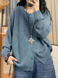 เสื้อคาร์ดิแกนถักคอตั้งแขนยาวทรงหลวมบางสำหรับผู้หญิงในช่วงฤดูร้อน ผ้าฝ้ายผสมโพลีเอสเตอร์ ทรงหลวม แขนยาว ปกติ