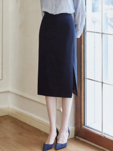Roey s house | Deep Blue Forked Mid-skirt High Waist Slim Commuter 09417