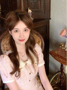 Pink French Style Short Sleeve Dress Womens Fashion Design High Waist A-Line Skirt Commute Korean round Neck Pure Color Spring