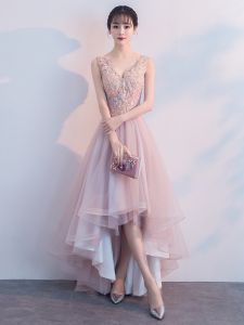 Princess Style Evening Gown Double Shoulder Hostess Ball Gown Front Short Back Long Pink Colorful Belt Flower Embellishment