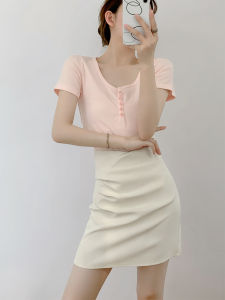 Pink Slim Fit Short Sleeve U Neck T Shirt Womens Summer Sweet And Spicy Girl Versatile Stylish Small Size Shoulder Length