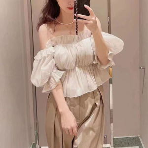 Sweet Style Thin Shoulder Bared Bubble Sleeve One Shoulder Waist Cinching Top for Young Women Spring Summer New Arrival