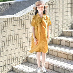 Original Childrens Clothing Yellow Linen Dress Girls Improved Cheongsam Summer Wear Short Sleeve Pure Color Chen Dadong
