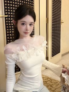 GUZILIAN | Floral Lace Knitted Sweater Womens One Shoulder Inner Wear Slim Fit Korean Style Commute Fashion Long Sleeve Round Neck Base Shirt