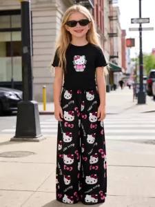 Sanrio | Bộ Trang Phục Mùa Hè Cho Bé Gái Sanrio Hello Kitty Với Áo Thun Ngắn Tay Và Quần Ống Rộng Dành Cho Lứa Tuổi 7-13 Bộ Trang Phục Trẻ Em Dễ Thương