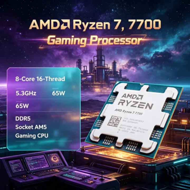 AMD | Ryzen R7 7700 AMD Socket AM5 Desktop CPU 5.3GHz 8-Core 16-Thread 65W 5nm 32M L3 DDR5 100-000000592 Without Cooler Type-C
