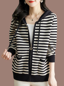 เสื้อสเวตเตอร์ถักมีฮู้ดแบบหลวมๆ สำหรับผู้หญิง ฤดูใบไม้ผลิและฤดูใบไม้ร่วง ลายทาง ขนาดใหญ่ ซิป เสื้อคาร์ดิแกนถักแบบเปิด