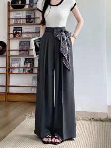 Elegant Wide Leg Suit Pants Womens Summer Vintage High Waist Draped Straight Casual Floor-Length Trousers Silk Ribbon Chiffon