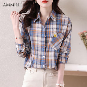 Ammin 2023 Mùa Thu Mới Đơn Giản Ve Áo Thời Trang Cổ Điển túi đơn Chắp Vá Màu Xanh Kiểm Tra Bông Áo Cho Phụ Nữ phong cách Hàn Quốc Tay áo dài Một hàng khuy áo blouse thanh lịch đi lại