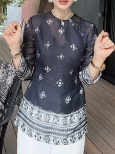 SUOXIMENG | Large Size Black Early Autumn Semi-Transparent Round Neck Printed Womens Top Fashionable Retro Style Shirt For Ladies