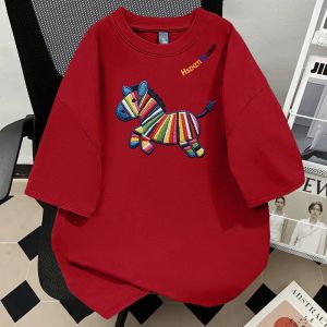 SUOSHE | Oversized Colorful Horse Embroidery Print T-Shirt Cotton