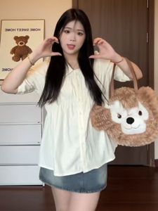 Loose Womens Shirt Summer Korean Style Big Size Folded Design Belly Covering Meat Concealing Slimming Five-Quarter Sleeve