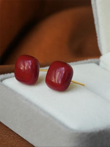 925 Silver Needle Ear Studs Vintage Red Sugar Cube Earrings Elegant Small Size Daily Commute Suitable All Autumn Winter