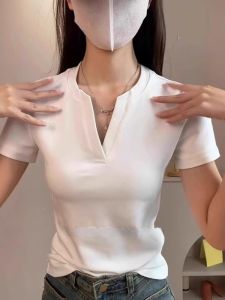 BINKAFENNY | Plus Size V-Neck Short Sleeve T-Shirt Women Summer Slim Fit Fashionable White Top Korean Style Commute Wind Pure Color