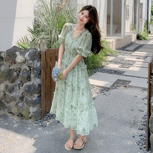 Summer New Style Slimming Summer Long Skirt Floral Embellished Chiffon Beach Holiday Tea Break Dress Womens Korean Version Commute Dress