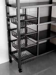 4 Tiers Kitchen Storage Cabinet Organizer Rack: Thicken Kitchen Shelves with Basket Movable Microwave Oven Rack, Vegetable Shelf, Spice Cabinet Organizer, Household Sundry Snack Storage Holders