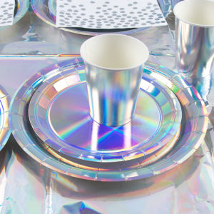 Silver Laser Paper Disposable Tableware Set Dinner Paper Plate Cup Napkin Tablecloth for Birthday Party Retirement Wedding Party