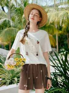 XIANGYING | White Cotton Round Neck Short Sleeve Loose Retro T-shirt