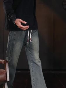 Spring Mens Loose Flare Jeans Classic Non-stretch Washed Denim Pants Straight Korean Fashion Streetwear Vintage Trousers