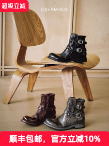 Dreambox Vintage British Style Chelsea Boots with Belt Buckle Washed Horsehide Thick Heel Knight Boot Mid-Calf round Toe