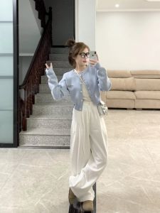 เสื้อสเวตเตอร์ถักสีน้ำเงินแขนยาว ทรงหลวม สำหรับผู้หญิง ฤดูใบไม้ผลิ 2025 ผ้าฝ้ายผสมโพลีเอสเตอร์ ปกติ