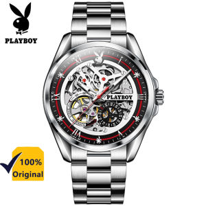 PLAYBOY Watch For Men Automatic Waterproof Watch Skeleton Dial Luminous Pointer Stainless Steel/Leather strap Strap Mens Watch Automatic