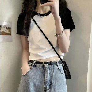 Womens Short Sleeve T-Shirt High Waist Short Style Contrast Color Design Spring Summer New Arrival Cotton Polyester Blend