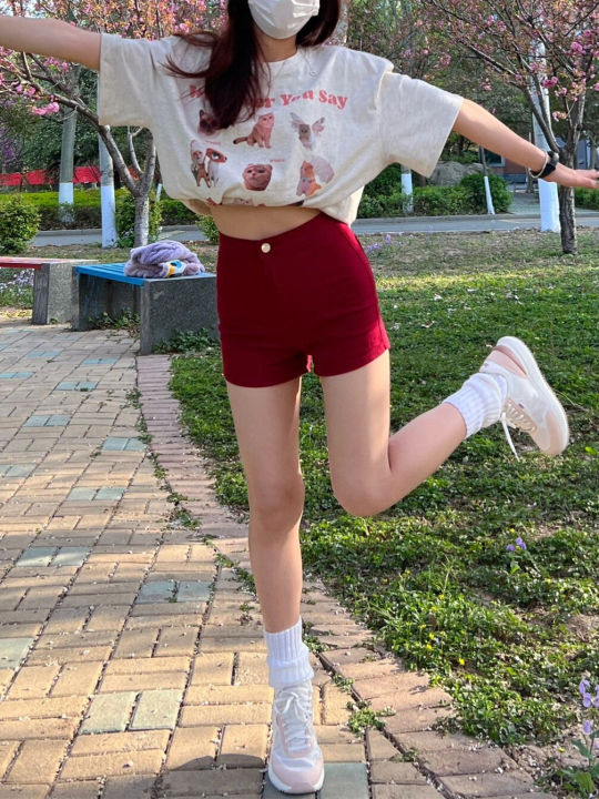 plus Size Women's Retro American Red Denim Shorts High Waist Slimming Elastic Fitting Hot Pants Spring Cotton Stretch Jeans
