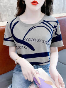 Summer Womens Short Sleeve Trendy Grey T-Shirt Davieni Loose Fit Cotton Blend Versatile Shoulder Length round Neck Top