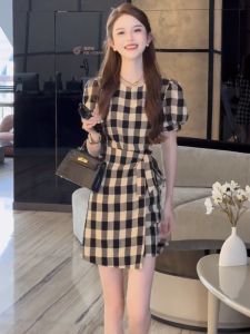 Summer 2025 Womens Vintage Plaid Slimming Dress Waist-Cinching Design Short Skirt Elegant Style round Neck Short Sleeve Dress