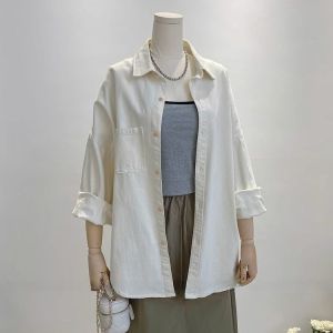 Soft College Style Womens Long Sleeve Fleece Shirt Casual Loose Outerwear Autumn Winter Layering Simple Top Button Placket Pocket Detail