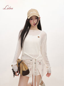 Loose Knitted Wrap Shirt Liilou 25ss Vintage Style Comfortable Bowed Tied Hollow out Design Polyester Fiber Long Sleeve round Neck