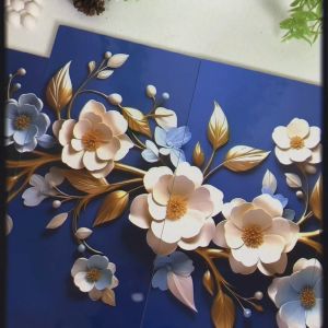 HIASAN DINDING 4 IN 1 SET BUNGA 3D BIRU PUTIH WALLDECOR NUANSA ABSTRAK FLOWERS HIASAN PAJANGAN KAYU