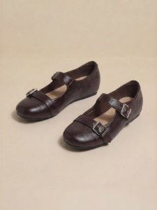 Josiny | Retro Aged Leather Low Heel Skinny Mary Jane Shoes