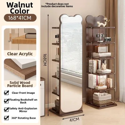 Rotatable and Movable Wooden Full-body Standing Mirror with Storage and Bookshelf