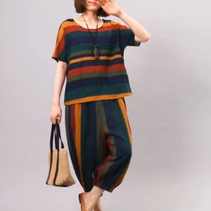 3 Days Delivery D.va 2 Pcs Short Sleeve with Pants Women Fashion Stripe Casual Loose Suit Korean Style 2 Piece Set Women Outfit