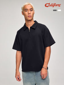 American Style Casual Summer Half Zip Polo Shirt Jersey Cotton 220G Breathable Shoulder Loose Short Sleeve Mens T-Shirt Trendy